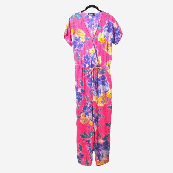Lulus Successful Statice Hot Pink Floral Jumpsuit Sz S Faux Wrap Drawstring Crop - Picture 1 of 9